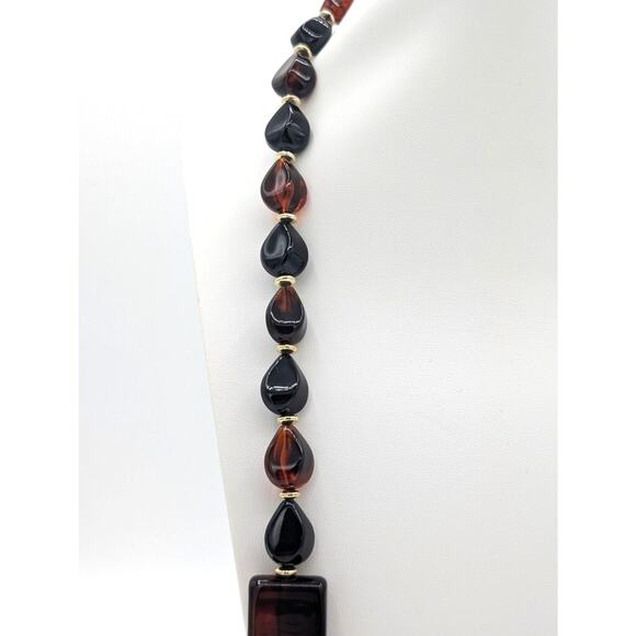 Vintage Acrylic Tortoise Shell Black Beaded Layering Neutral Statement Necklace - Picture 2 of 8